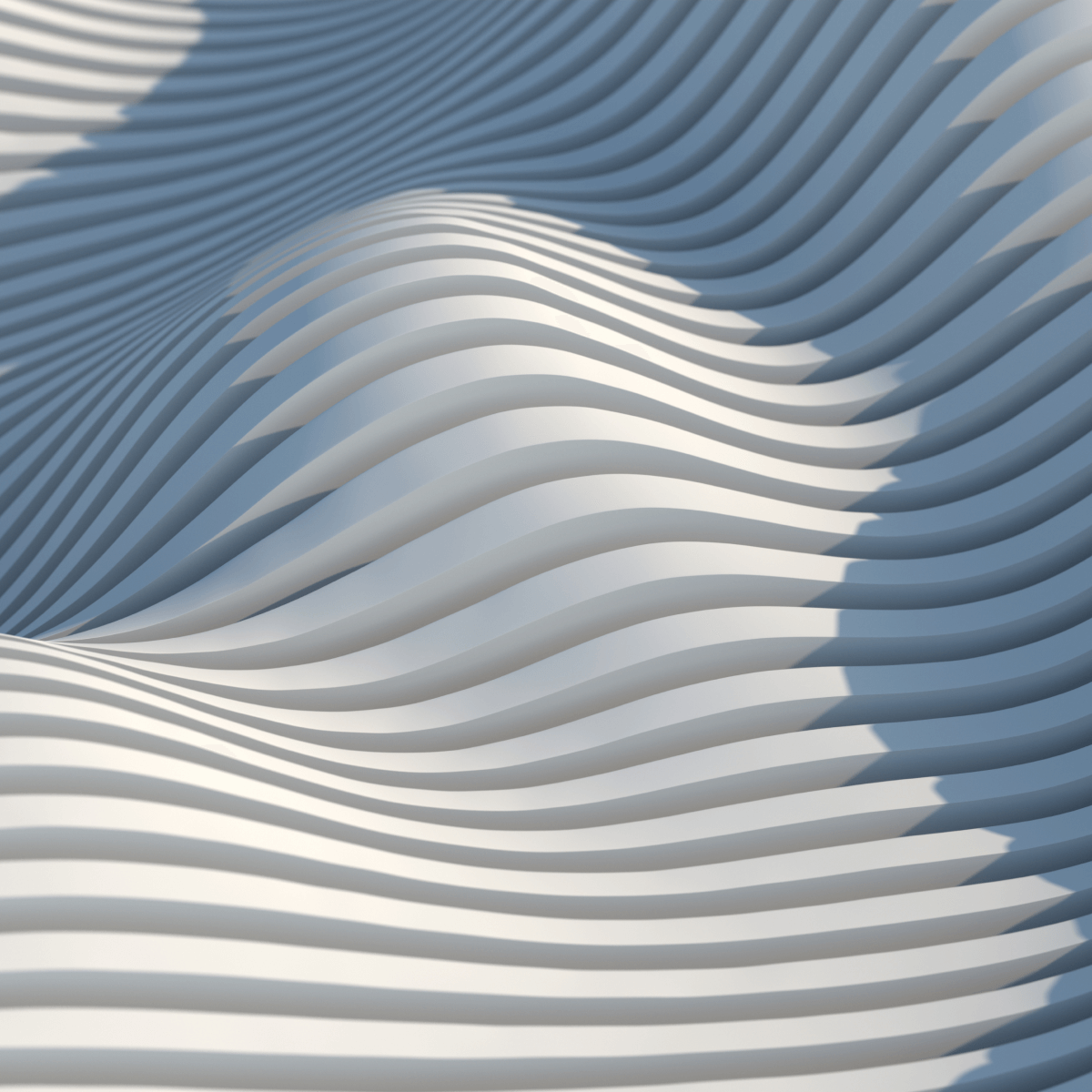 Cette illustration 3D met en avant un design abstrait frappant, présentant une courbe dynamique illuminée d'un mélange de lumière bleue et blanche sur fond noir.